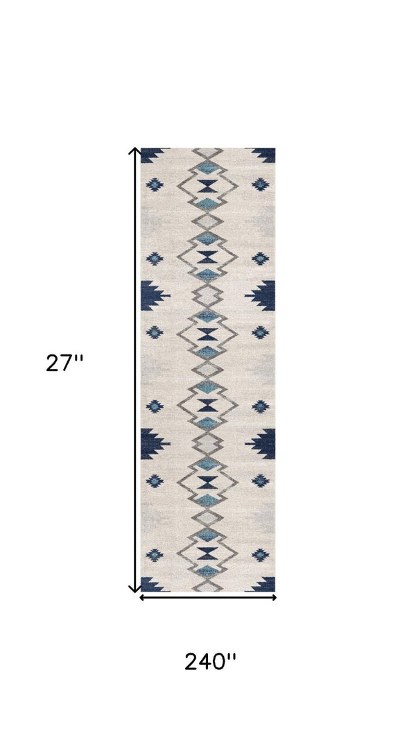 HomeRoots 20' Blue and Ivory Southwestern Runner Rug - Durable, Stylish, and Perfect for Hallways or Entrances 2’ x 20’ 392944