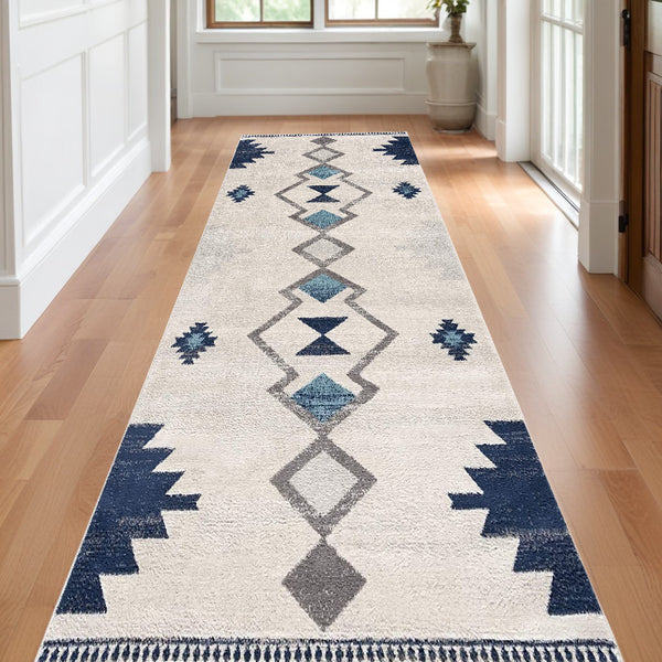 Homeroots 20' Runner Blue And Ivory Southwestern Runner Rug  Polypropylene 392944