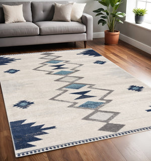 HomeRoots 20' Blue and Ivory Southwestern Runner Rug - Durable, Stylish, and Perfect for Hallways or Entrances 5’ x 8’ 392952