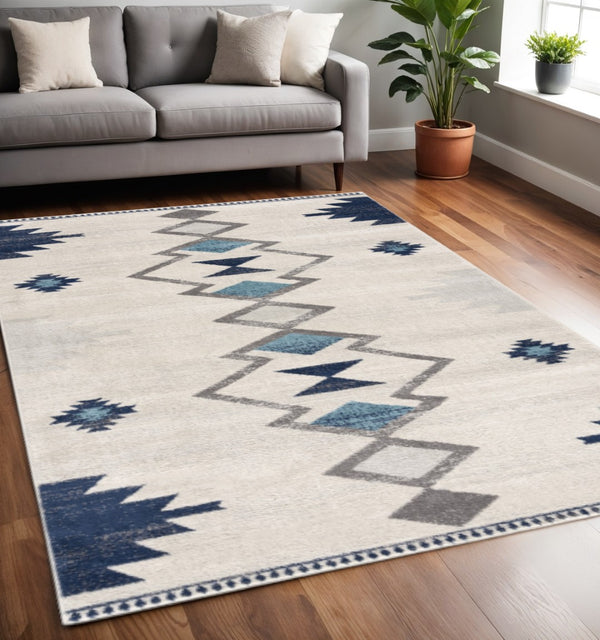 HomeRoots 20' Blue and Ivory Southwestern Runner Rug - Durable, Stylish, and Perfect for Hallways or Entrances 5’ x 8’ 392952