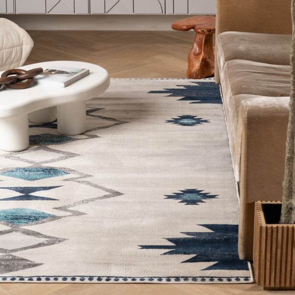 HomeRoots 20' Blue and Ivory Southwestern Runner Rug - Durable, Stylish, and Perfect for Hallways or Entrances 7’ x 10’ 392953