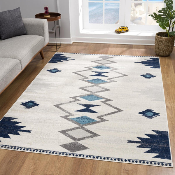 HomeRoots 20' Blue and Ivory Southwestern Runner Rug - Durable, Stylish, and Perfect for Hallways or Entrances 9’ x 13’ 392955