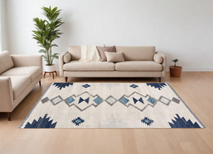 Homeroots 9' X 13' Navy And Ivory Tribal Pattern Area Rug  Polypropylene 392955