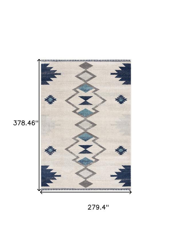 Homeroots 9' X 13' Navy And Ivory Tribal Pattern Area Rug  Polypropylene 392955