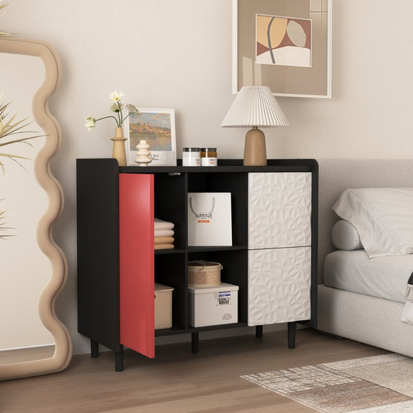 English Elm Sideboard Buffet Cabinet - Modern Black & Red Storage Solution With Unique Paneling For Home Decor W409P176588-GIGA
