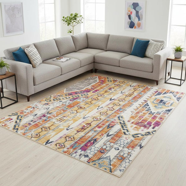 HomeRoots 20' Gold and Ivory Southwestern Runner Rug - Durable, Stylish Accent for Hallways and Corridors 8’ x 11’ 392971