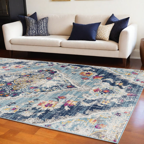 Homeroots 12' X 18' Blue Oriental Washable Non Skid Area Rug  Polypropylene 392973