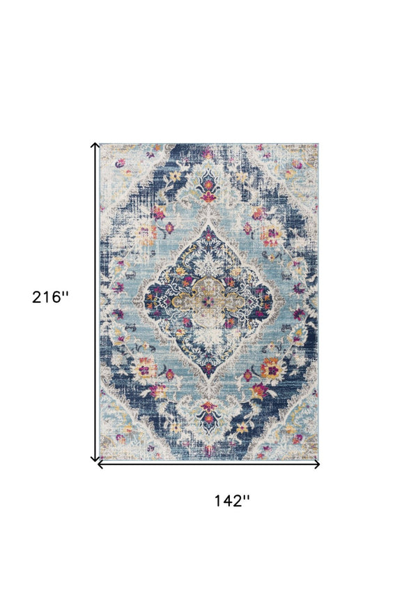 HomeRoots 12' Blue Oriental Area Rug - Washable, Non-Skid, Durable Design for Kid & Pet-Friendly Homes 392973