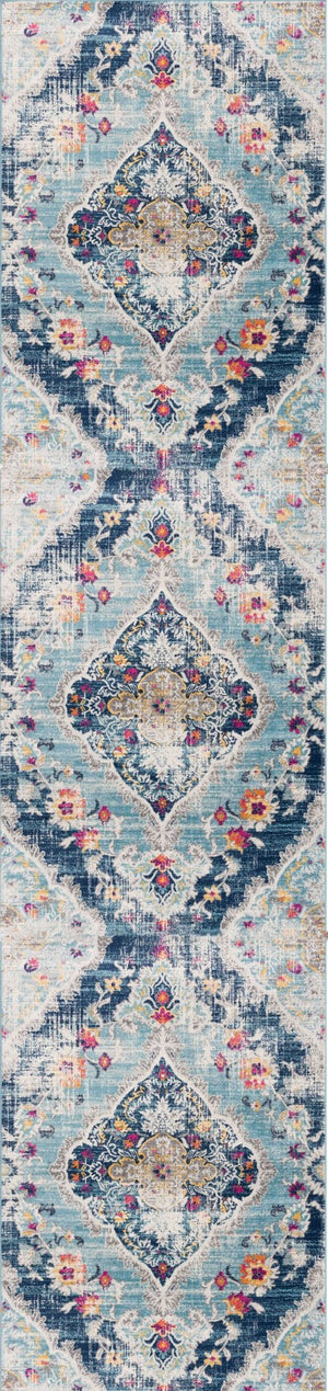 HomeRoots 20' Classic Blue and Ivory Medallion Runner Rug - Durable, Soft, and Stylish for High-Traffic Areas 2’ x 20’ 392979