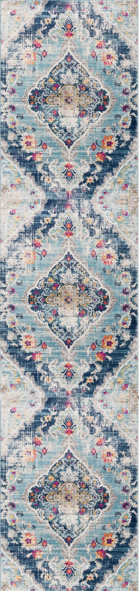 HomeRoots 20' Classic Blue and Ivory Medallion Runner Rug - Durable, Soft, and Stylish for High-Traffic Areas 2’ x 20’ 392979