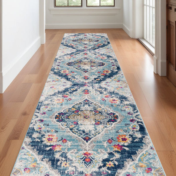 HomeRoots 20' Classic Blue and Ivory Medallion Runner Rug - Durable, Soft, and Stylish for High-Traffic Areas 2’ x 20’ 392979