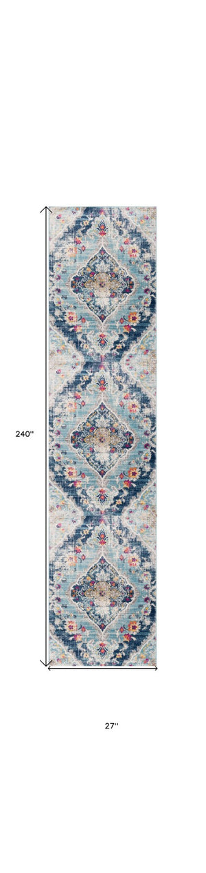HomeRoots 20' Classic Blue and Ivory Medallion Runner Rug - Durable, Soft, and Stylish for High-Traffic Areas 2’ x 20’ 392979