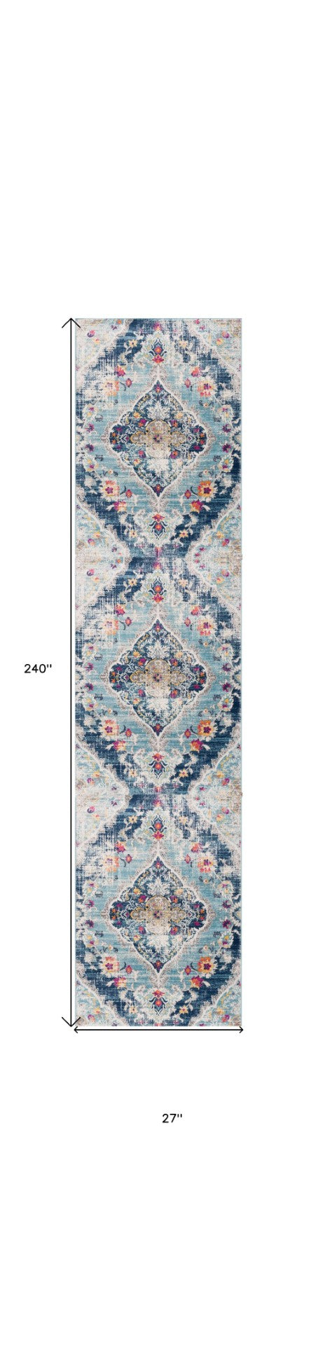 HomeRoots 20' Classic Blue and Ivory Medallion Runner Rug - Durable, Soft, and Stylish for High-Traffic Areas 2’ x 20’ 392979