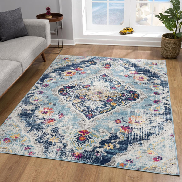 HomeRoots 20' Classic Blue and Ivory Medallion Runner Rug - Durable, Soft, and Stylish for High-Traffic Areas 7’ x 10’ 392988