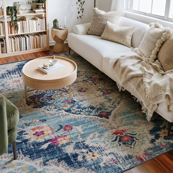 HomeRoots 20' Classic Blue and Ivory Medallion Runner Rug - Durable, Soft, and Stylish for High-Traffic Areas 8’ x 11’ 392989
