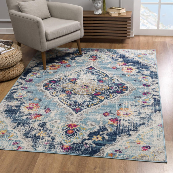 HomeRoots 20' Classic Blue and Ivory Medallion Runner Rug - Durable, Soft, and Stylish for High-Traffic Areas 8’ x 11’ 392989