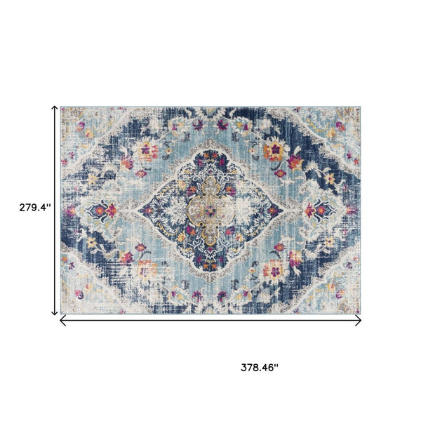 HomeRoots 20' Classic Blue and Ivory Medallion Runner Rug - Durable, Soft, and Stylish for High-Traffic Areas 9’ x 13’ 392990