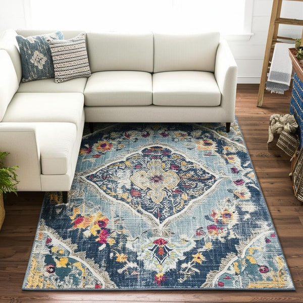 HomeRoots 20' Classic Blue and Ivory Medallion Runner Rug - Durable, Soft, and Stylish for High-Traffic Areas 9’ x 13’ 392990