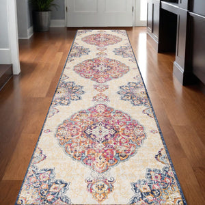 HomeRoots 20' Blue Medallion Runner Rug - Durable, Elegant Design for Hallways, Entryways, and Kitchens 2’ x 20’ 392996