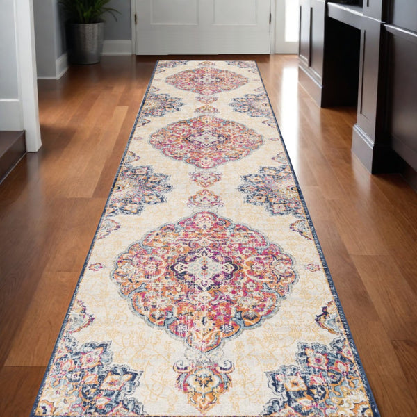 HomeRoots 20' Blue Medallion Runner Rug - Durable, Elegant Design for Hallways, Entryways, and Kitchens 2’ x 20’ 392996