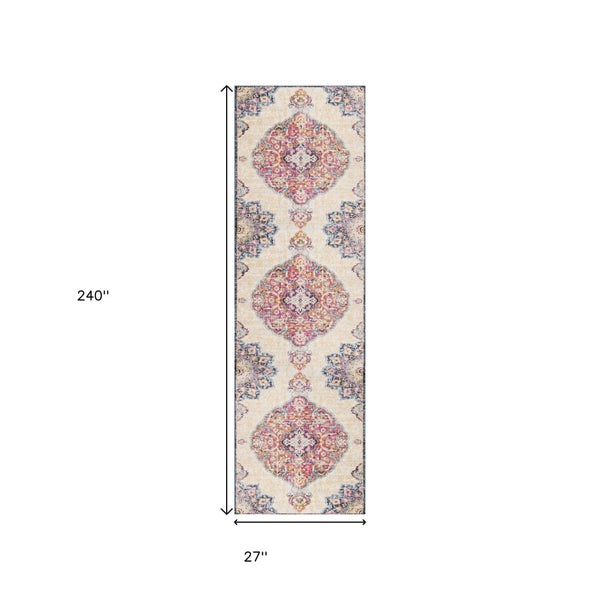 HomeRoots 20' Blue Medallion Runner Rug - Durable, Elegant Design for Hallways, Entryways, and Kitchens 2’ x 20’ 392996
