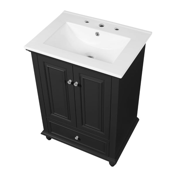English Elm 24'' French Style Bathroom Vanity with Ceramic Sink Soft Close Cabinet and Drawer Black N710P411227B