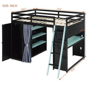 English Elm Full Size Wood Loft Bed with Wardrobe Desk Shelves Rgb Lighting and Blackout Curtains Black+Blue LT000269AAC-1