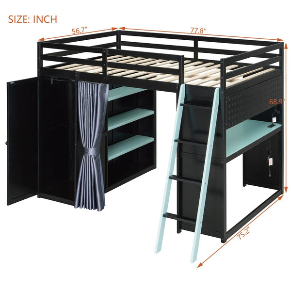 English Elm Full Size Wood Loft Bed with Wardrobe Desk Shelves Rgb Lighting and Blackout Curtains Black+Blue LT000269AAC-1
