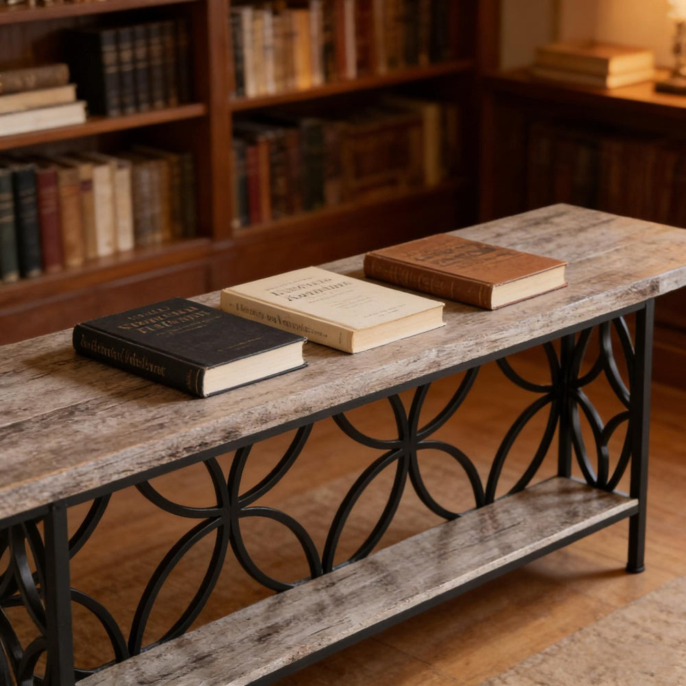 English Elm Coffee Console Table Industrial Metal Frame Vintage Wood Grain 2 Tier Entryway Sofa Black,Gray T3971P446598