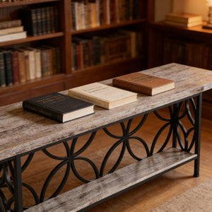English Elm Coffee Console Table Industrial Metal Frame Vintage Wood Grain 2 Tier Entryway Sofa Black,Gray T3971P446598