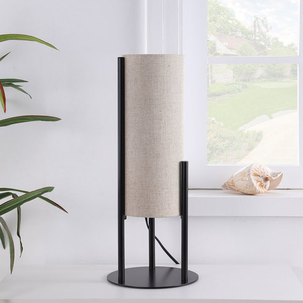 English Elm 22" Beige+Black Modern Upright Linen Drum Table Lamp with Matte Metal Base, Scandinavian Mid-Century LED Ambient Light (97) B072P220157
