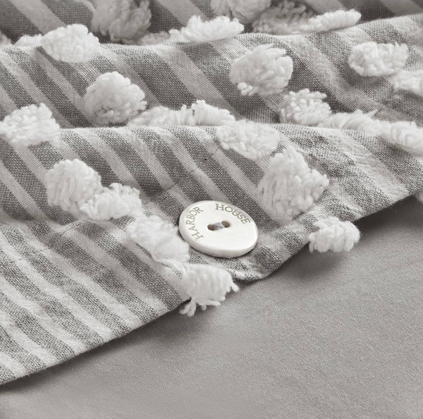 English Elm 3-piece King Yarn Dyed Cotton Duvet Set with Pompom Jacquard Stripe Percale Reverse Grey B035P482895