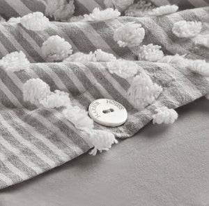 English Elm 3-piece Cotton Yarn Dyed Duvet Cover Set with Jacquard Pompom Stripe Bedding Grey B035P482894