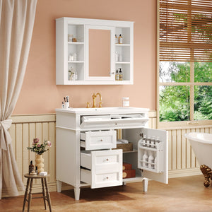 English Elm 36'' Modern Bathroom Vanity with Mirror Cabinet and Sink, Spacious Storage, Soft-Close Doors & Drawers White SW000134AAK-3