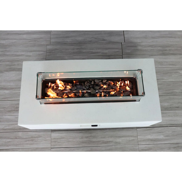 English Elm Rectangular Fiber-Reinforced Concrete Propane Fire Pit Table, 56" Modern White Stone 60,000 BTU B120S00123