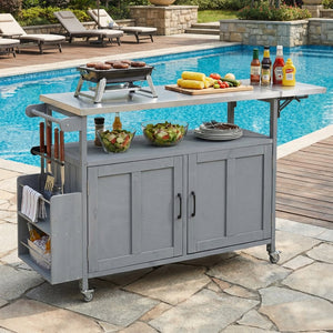 English Elm Foldable Outdoor Kitchen Cart with Stainless Worktop Fir Wood Frame and Lockable Wheels Grey N719P380279E
