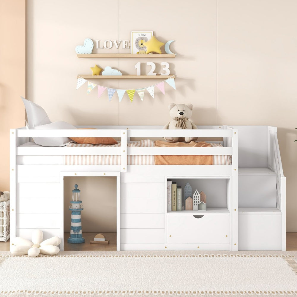 English Elm Solid Pine Twin Low Loft Bed with Stair Drawer Shelf Playhouse Frame for Kids White W697S00018
