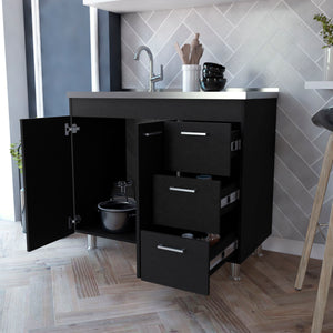 English Elm Darien Melamine Base Cabinet with Stainless Steel Top, Faucet Hole, 3 Drawers & Double Door Storage B128S00005