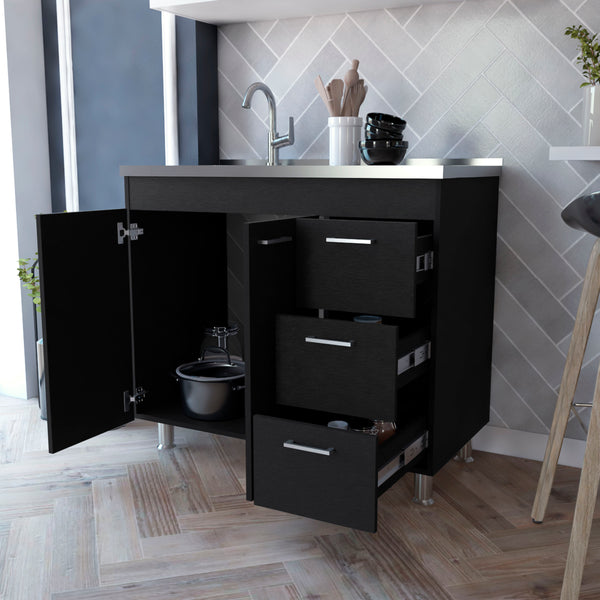 English Elm Darien Melamine Base Cabinet with Stainless Steel Top, Faucet Hole, 3 Drawers & Double Door Storage B128S00005