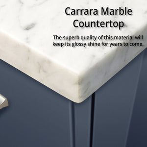 English Elm Navy Double Bath Vanity 72” W, Carrara Marble Top & 30” Led Mirrors - Stylish Storage Solution! B2731S00831