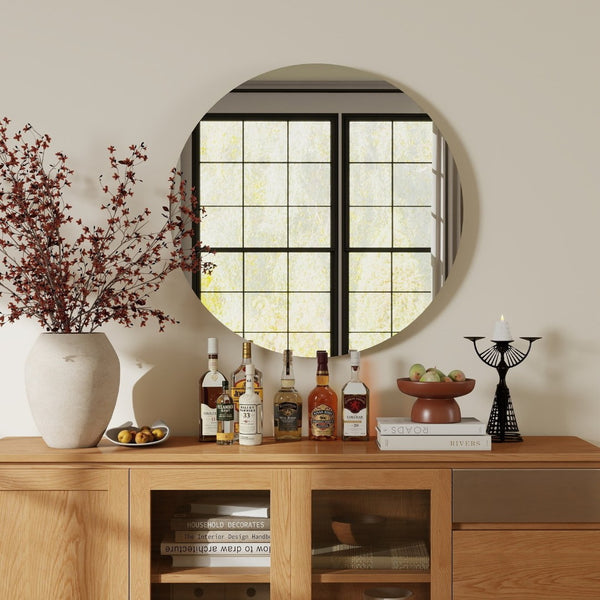 English Elm 70cm Round Wall Mirror Matte White Backboard Minimalist Bathroom Bedroom Decor W3151P265973