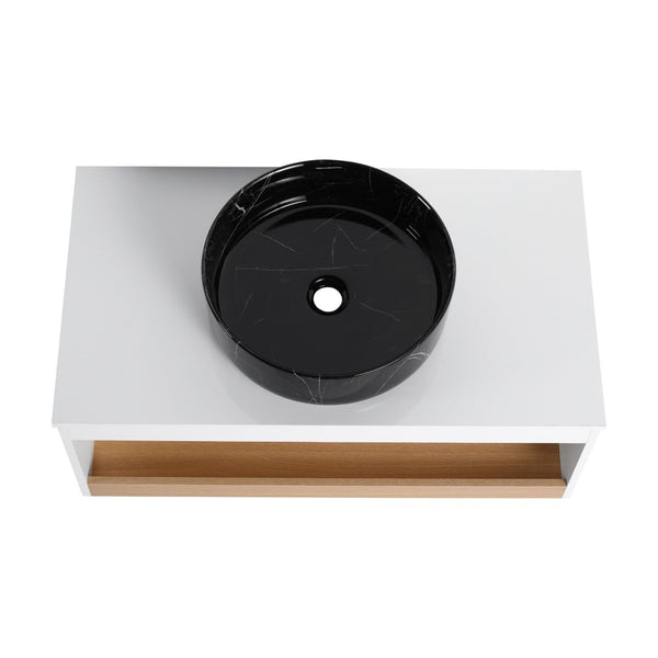 English Elm 36" Floating Bathroom Vanity Light Oak Modular Cabinet with Gel Coat Integrated Sink White + Light Oak,White+Black W3450S00065
