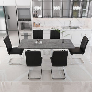 English Elm 55.12-70.87" Expandable Square Dining Set Seats Six with Cushioned Faux Leather Chairs Black+Grey W2189S00906
