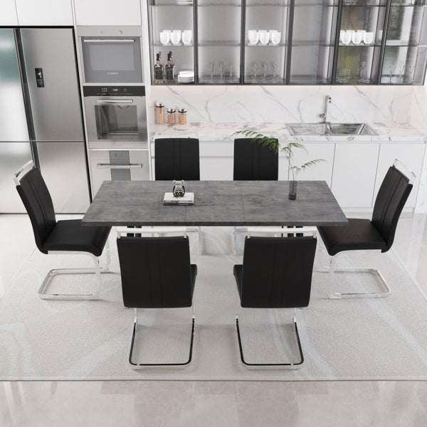 English Elm 55.12-70.87" Expandable Square Dining Set Seats Six with Cushioned Faux Leather Chairs Black+Grey W2189S00906