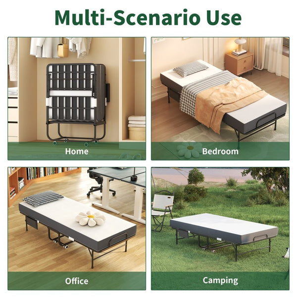 English Elm 75 Inch Rollaway Twin Bed with Memory Foam Mattress Heavy Duty Steel Frame Foldable W2735P425465