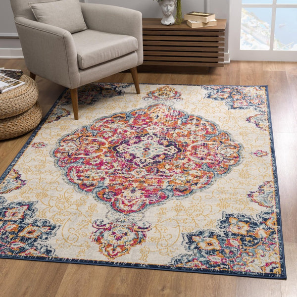 HomeRoots 20' Blue Medallion Runner Rug - Durable, Elegant Design for Hallways, Entryways, and Kitchens 5’ x 8’ 393004