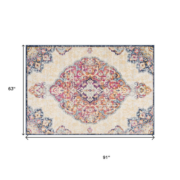 HomeRoots 20' Blue Medallion Runner Rug - Durable, Elegant Design for Hallways, Entryways, and Kitchens 5’ x 8’ 393004