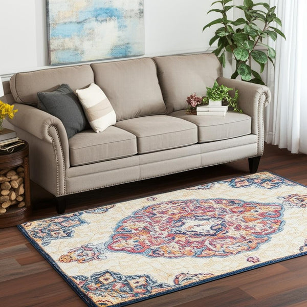 HomeRoots 20' Blue Medallion Runner Rug - Durable, Elegant Design for Hallways, Entryways, and Kitchens 5’ x 8’ 393004