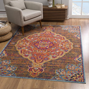 HomeRoots 7' Rustic Orange Medallion Area Rug - Elegant Traditional Design for Living Rooms & High-Traffic Areas 7’ x 10’ 393022