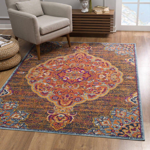 HomeRoots 7' Rustic Orange Medallion Area Rug - Elegant Traditional Design for Living Rooms & High-Traffic Areas 7’ x 10’ 393022